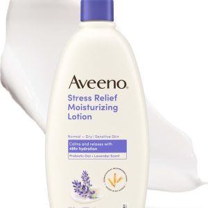Aveeno Stress Relief Moisturizing Body Lotion, Lavender Scent with Prebiotic Oat for Sensitive Skin, Lightly Scented Lotion with 48-Hour Hydration, Fast Absorbing, Non-Greasy, 18 Fl Oz