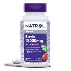Natrol Biotin 10000mcg, 4X Faster Dissolve Supplement for Healthy Hair, Skin and Nails for Those Low in Biotin, Plus Energy Metabolism Support, 60 Tablets, Up to a 60 Day Supply